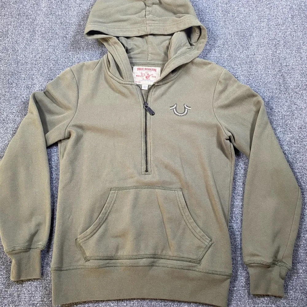 True‎ Religion STUDDED Olive Green hoodie Half zip pullover men’s XS